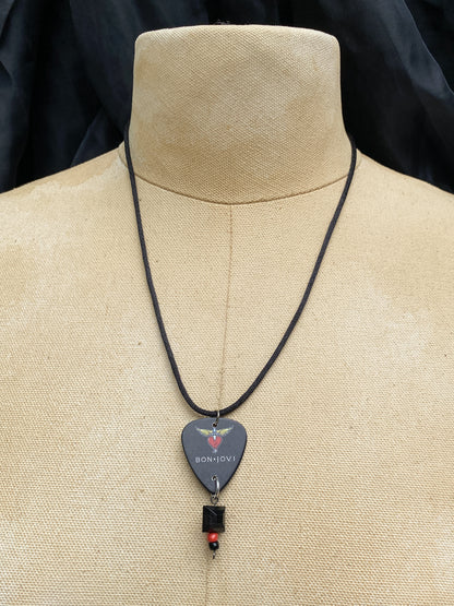 Retro 80s 90s Style Bon Jovi Guitar Pick Necklace - Handmade Rock Band Jewelry - Heart And Dagger Graphic