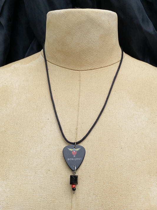 Retro 80s 90s Style Bon Jovi Guitar Pick Necklace - Handmade Rock Band Jewelry - Heart And Dagger Graphic