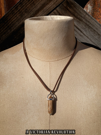 Picture Jasper - Pointed Hexagonal Pendant - Vegan Faux Suede Cord - Earthy Minimalist Style