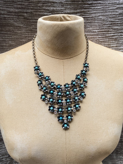Silver Tone Faux Turquoise Floral Bib Statement Necklace - Retro Southwestern Style Rhinestone Flower Choker - Vintage Aesthetic