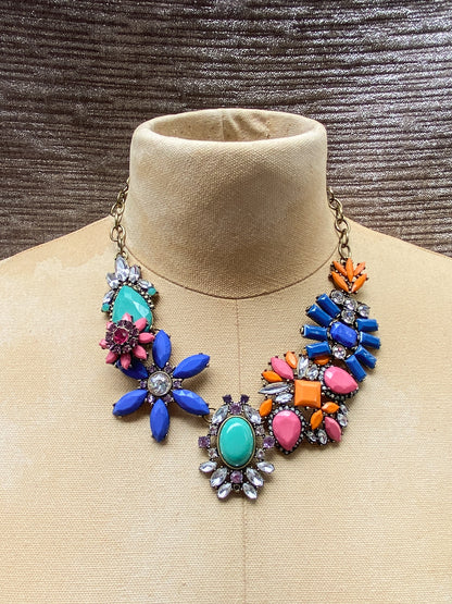 Awesome Colorful Vintage Floral Statement Bib Necklace - Teal, Blue, Pink, And Orange Resin - Eclectic Festival Retro Style