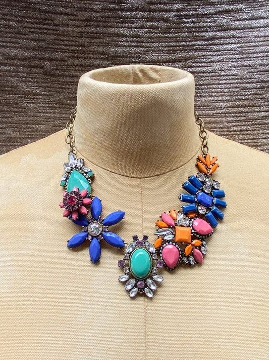 Awesome Colorful Vintage Floral Statement Bib Necklace - Teal, Blue, Pink, And Orange Resin - Eclectic Festival Retro Style