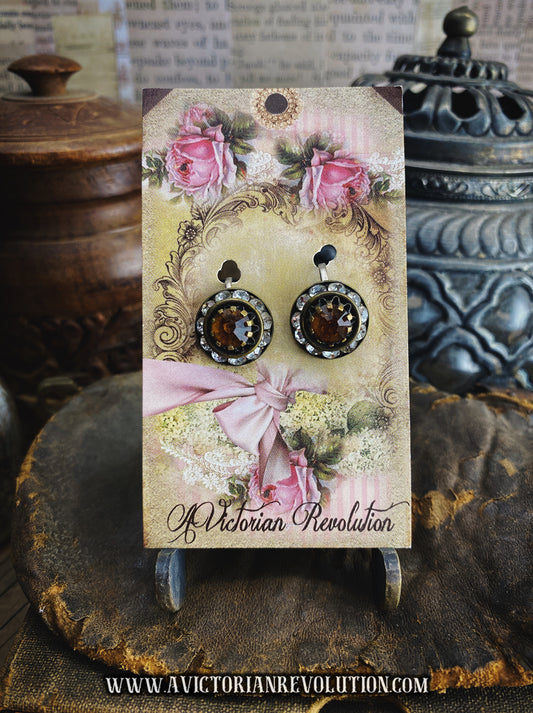 Amber Tone Faceted Resin Earrings - Gold Tone - Vintage - Circular Button Style