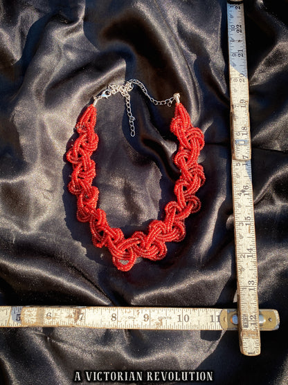 Elegant Red Braided Seed Bead Collar Necklace - Cherry Red - 1980s 1990s Vintage Style - Woven Beadwork Choker