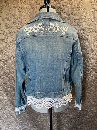 Denim and Lace Upcycled Victorian Jacket -XL