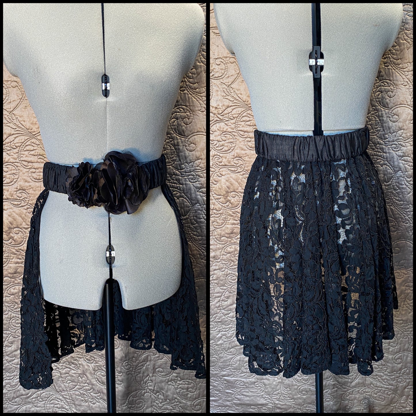 Black Lace Overskirt Bustle - Gothic Steampunk - Floral Belt Accessory