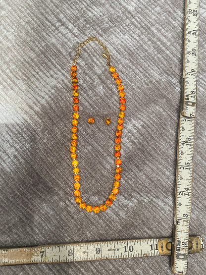 Tangerine Orange Rhinestone Tennis Necklace And Matching Stud Earring Set - Retro Style Costume Jewelry - Sunset Gold Ton