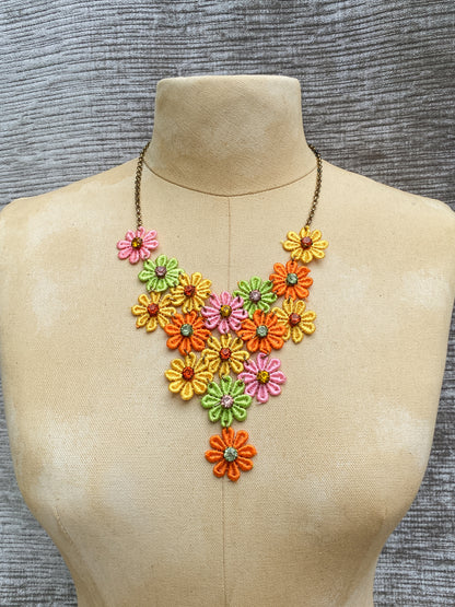 Multi-Color 60’s 70’s Hippie Necklace, Embroidered Daisy Bib Necklace, Retro Style, Pink Flower Earrings, Funky Floral Statement Jewelry Set