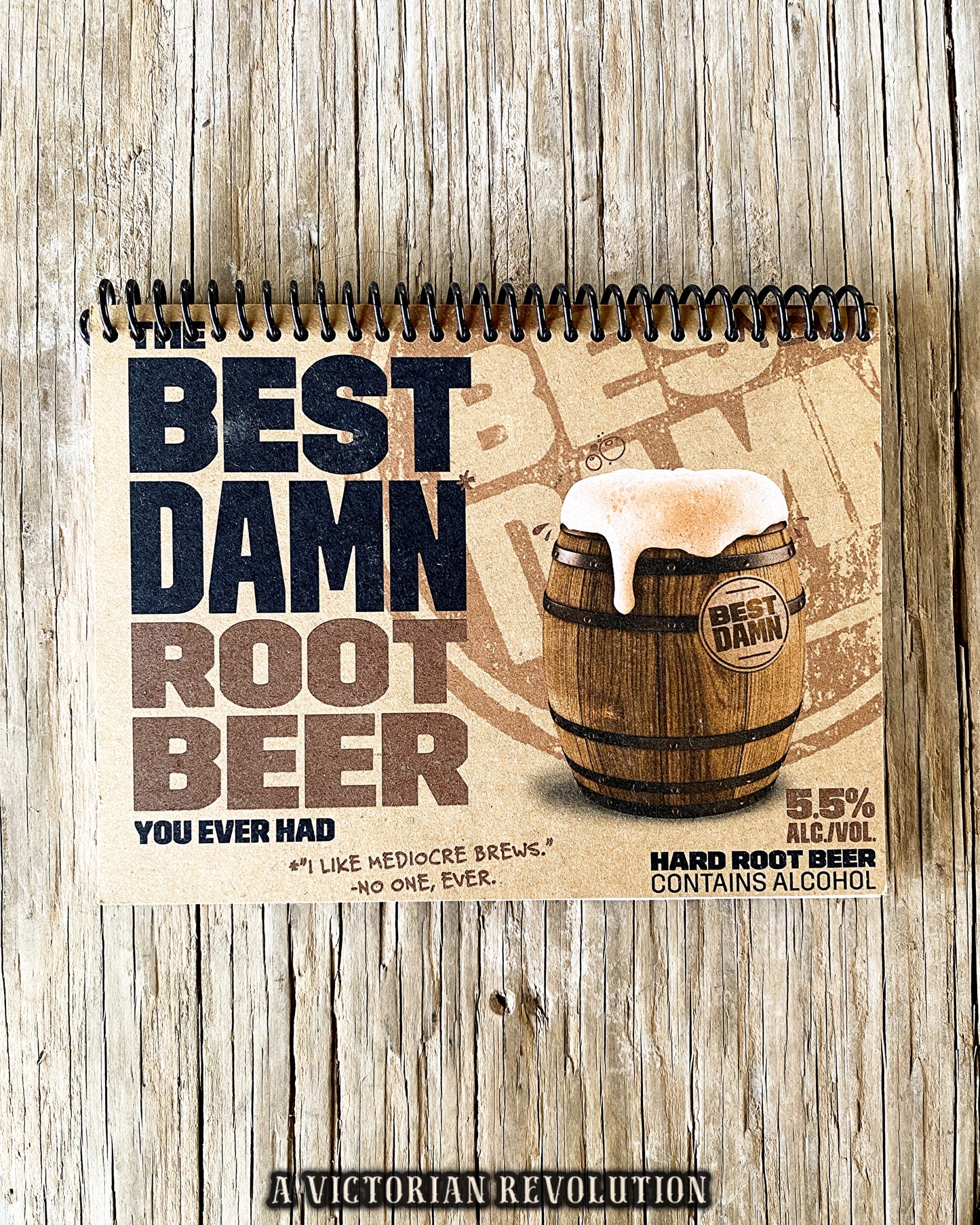Handmade Upcycled Spiral Notebook Featuring Best Damn Root Beer Hard Soda Label Art, Recycled Eco-Friendly Journal and Sketchbook, Unique Retro Beer Memorabilia, One-of-a-Kind Stationary