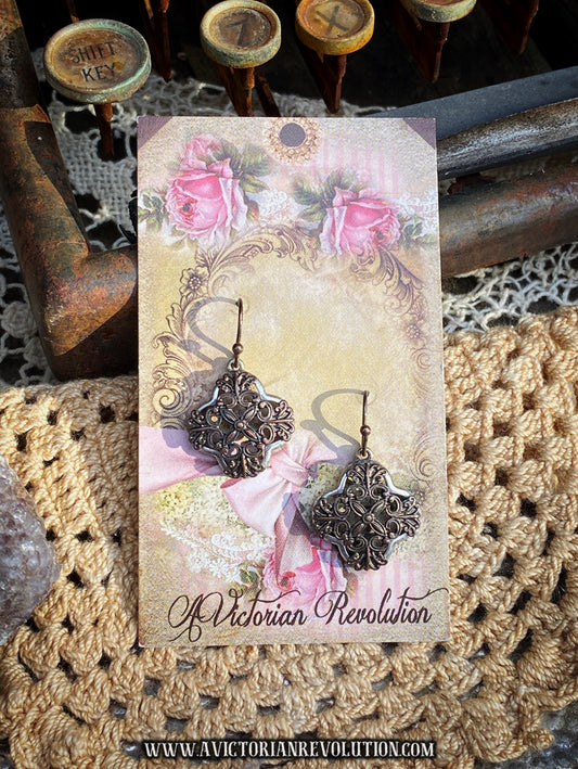 Bronze Tone Openwork Quatrefoil Dangle Earrings - Filigree Style - Vintage