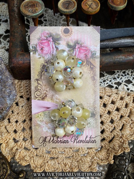 Creamy Faux Pearl and Aurora Borealis Beaded Cluster Clip On Earrings - 1950s - 1960s
