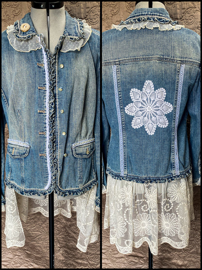 Denim and Lace Upcycled Victorian Jacket -MEDIUM