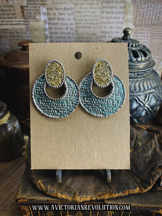 Vintage Teal and Gold Textured Oval and Open Circle Drop Earrings - Silver Tone Border - 1980s Era - Used