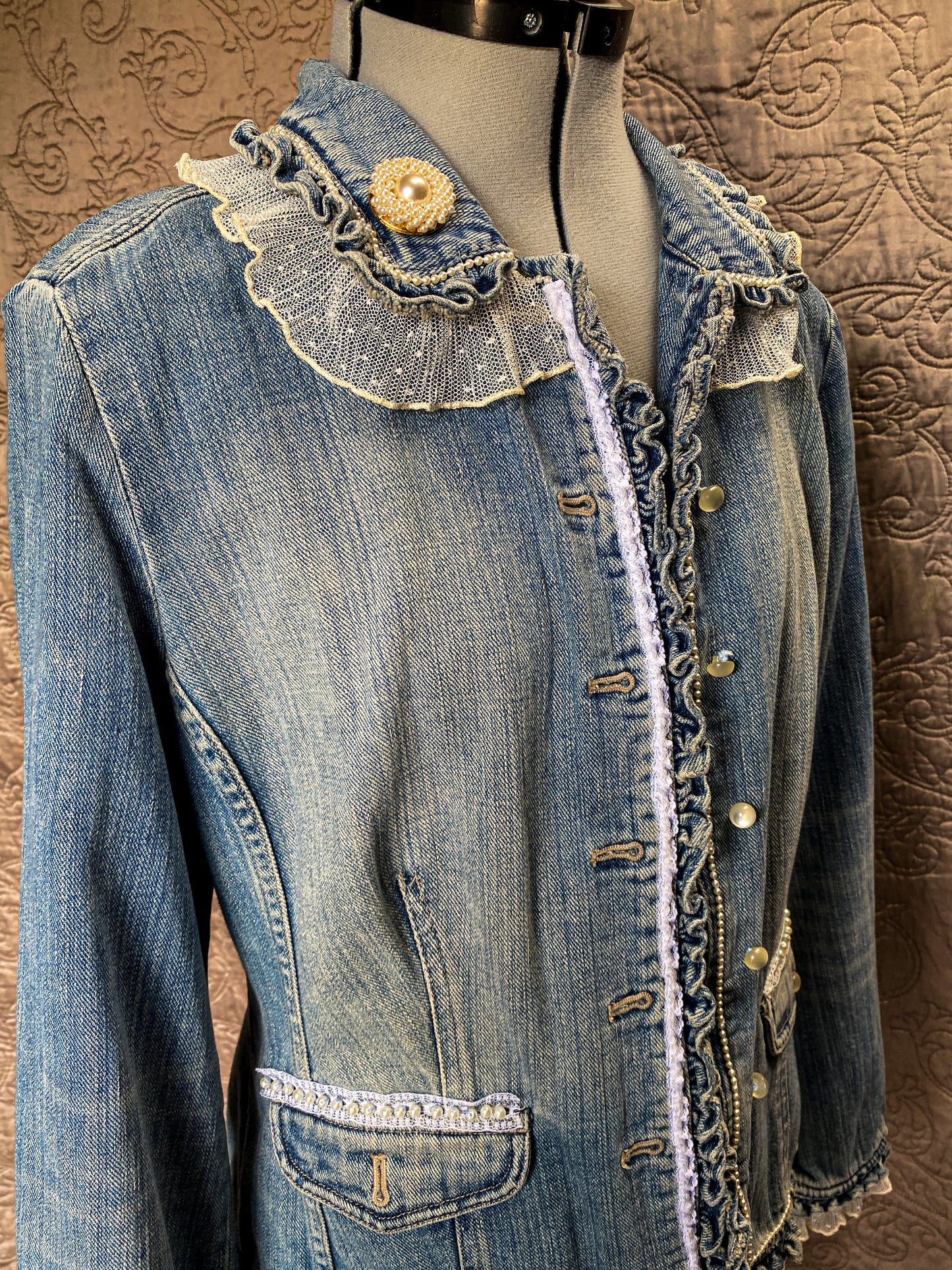 Denim and Lace Upcycled Victorian Jacket -MEDIUM