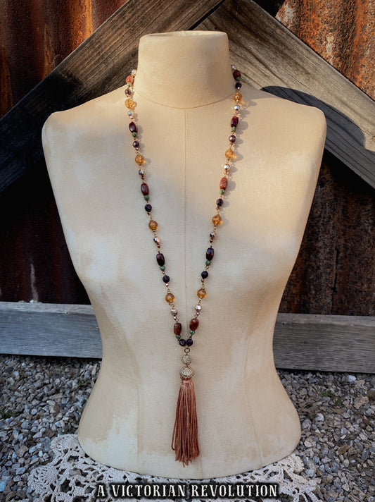 Earth Toned, Multi-Color Beaded Long Necklace - Vintage Style - Retro Beads with Tassel