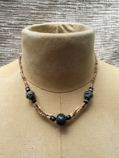 Vintage Earthy Tribal Style Wood Necklace - Earth Tones - Retro Surfer Hippie Jewelry