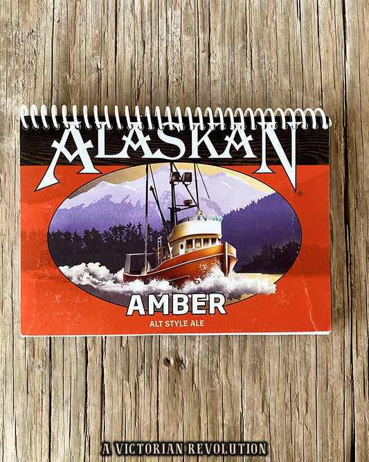 Handmade Upcycled Alaskan Amber Alt Style Ale Spiral Notebook – Recycled Craft Beer Label Journal – Unique Gift for Beer Lovers and Homebrewers – Sustainable Alaskan Brewing Co. Stationery