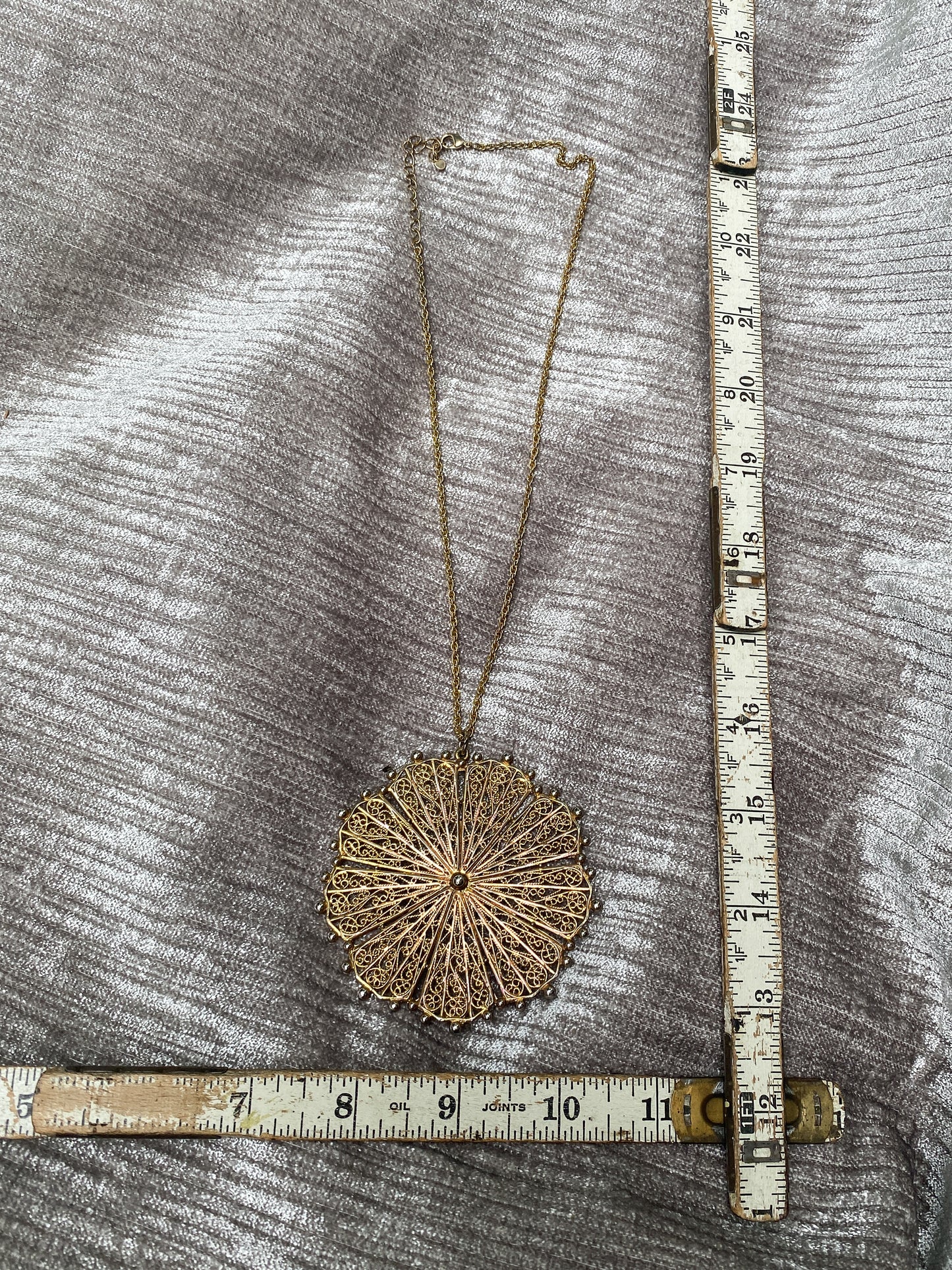 Vintage Gold-Tone Oversized Filigree Sunburst Pendant Necklace, 1970s Style Retro Boho Mandala Statement Piece, Long Rope Chain