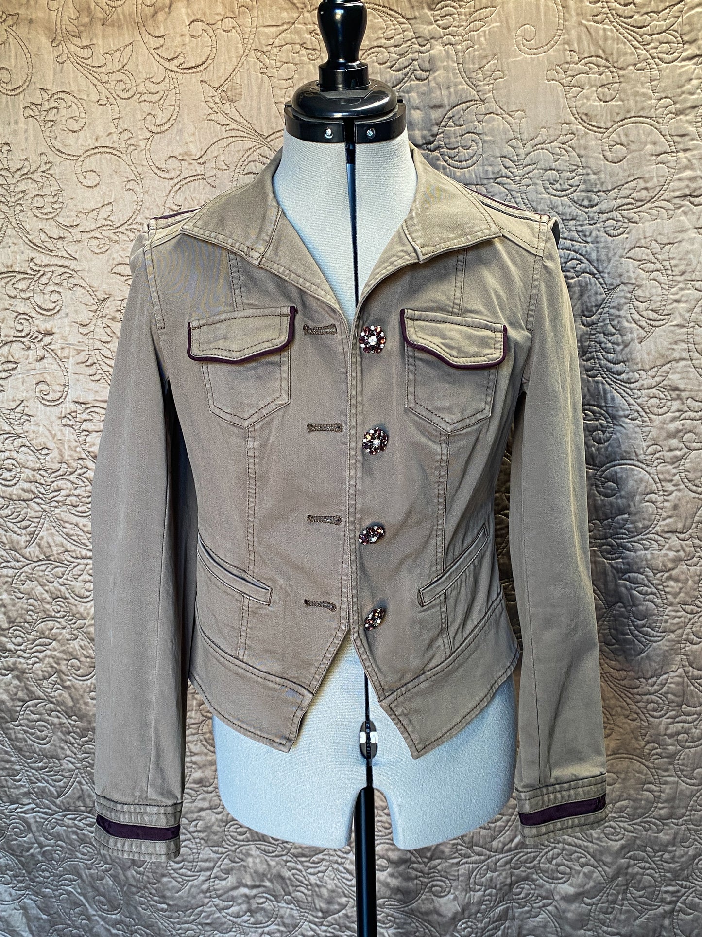 Utility Jacket, Military Style, Size Zero - XS, Embellished Crystal Buttons - Burgundy Trim - Cotton Cargo Jacket - White House Black Market