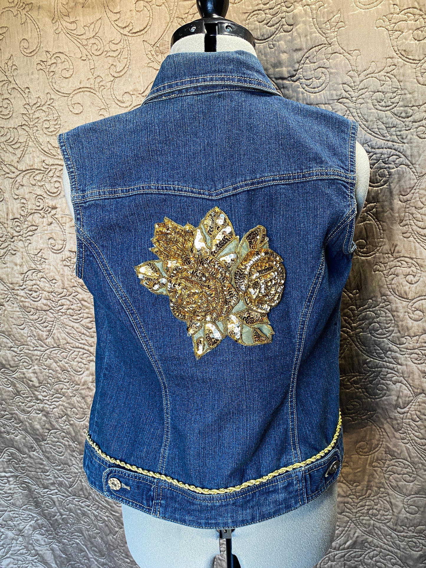 Upcycled Denim Vest with Gold Sequin Floral Applique - Glam Boho, Size Small,