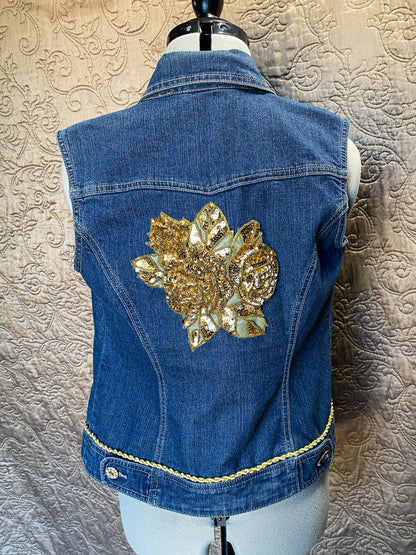 Upcycled Denim Vest with Gold Sequin Floral Applique - Glam Boho, Size Small,