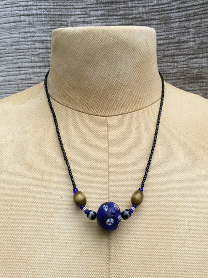 Blue Clay Bead Necklace - Patterned Focal Piece, Black Seed Beads, Retro Style Jewelry