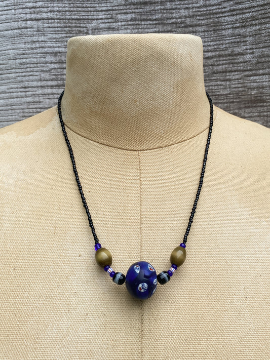 Blue Clay Bead Necklace - Patterned Focal Piece, Black Seed Beads, Retro Style Jewelry