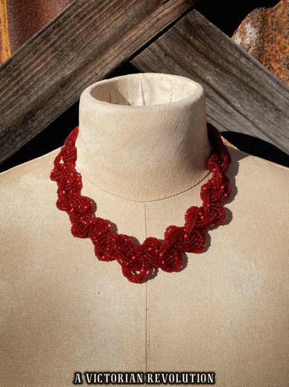 Elegant Red Braided Seed Bead Collar Necklace - Cherry Red - 1980s 1990s Vintage Style - Woven Beadwork Choker