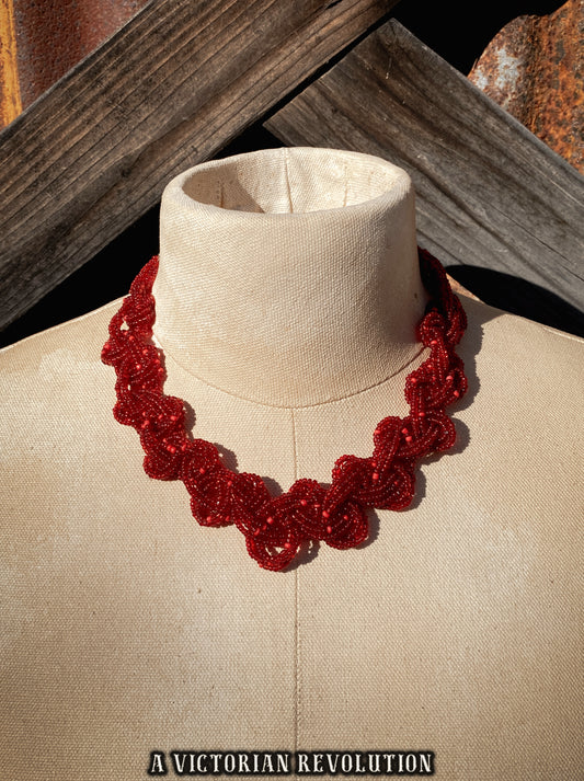Elegant Red Braided Seed Bead Collar Necklace - Cherry Red - 1980s 1990s Vintage Style - Woven Beadwork Choker