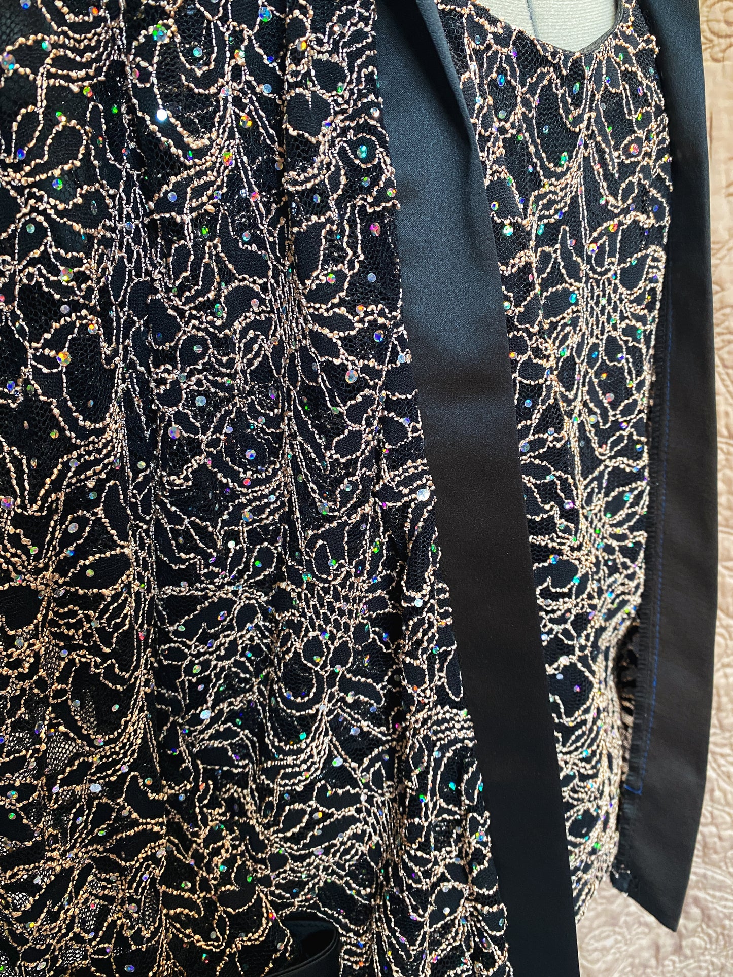 Black and Gold Metallic Lace One-Piece Jacket - Sequin Embellishments, Satin Trim, and Rhinestone Buttons - Formal Evening Blazer - Size 14
