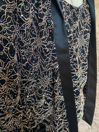 Black and Gold Metallic Lace One-Piece Jacket - Sequin Embellishments, Satin Trim, and Rhinestone Buttons - Formal Evening Blazer - Size 14