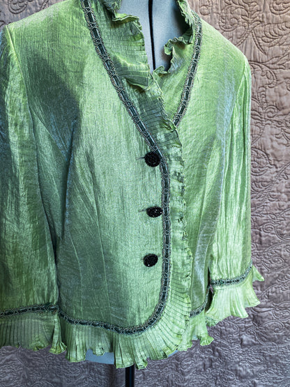 Iridescent Chartreuse Green Ruffled Jacket - Pleated Trim, Avant-Garde, Victorian Blouse - Size XL