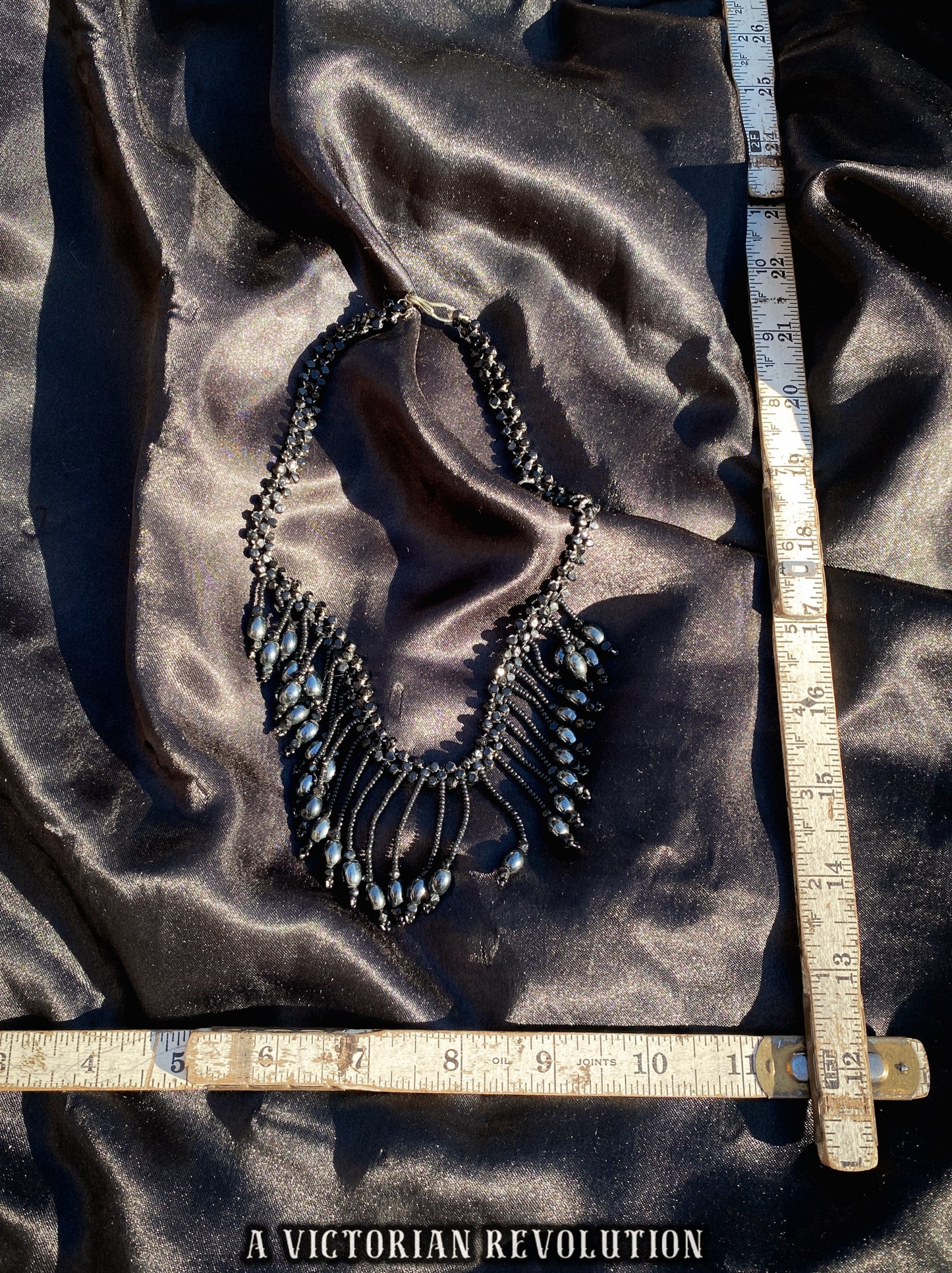 Black Bead Fringe Necklace - Jet Black - Vintage 1980s Style - Retro Goth Statement Necklace