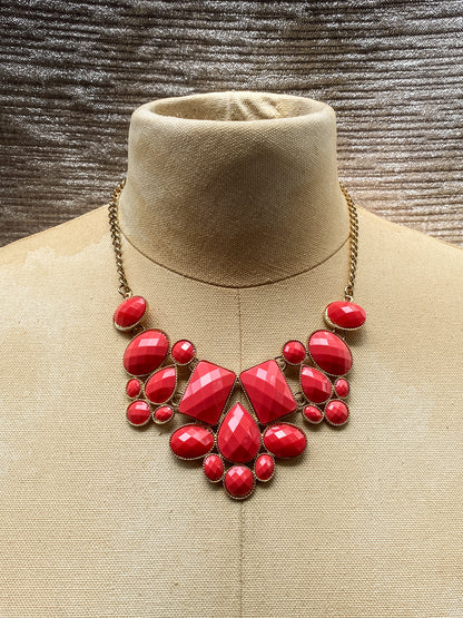 Poppy Red Geometric Faceted Bib Necklace, Retro Style Chunky Statement Jewelry