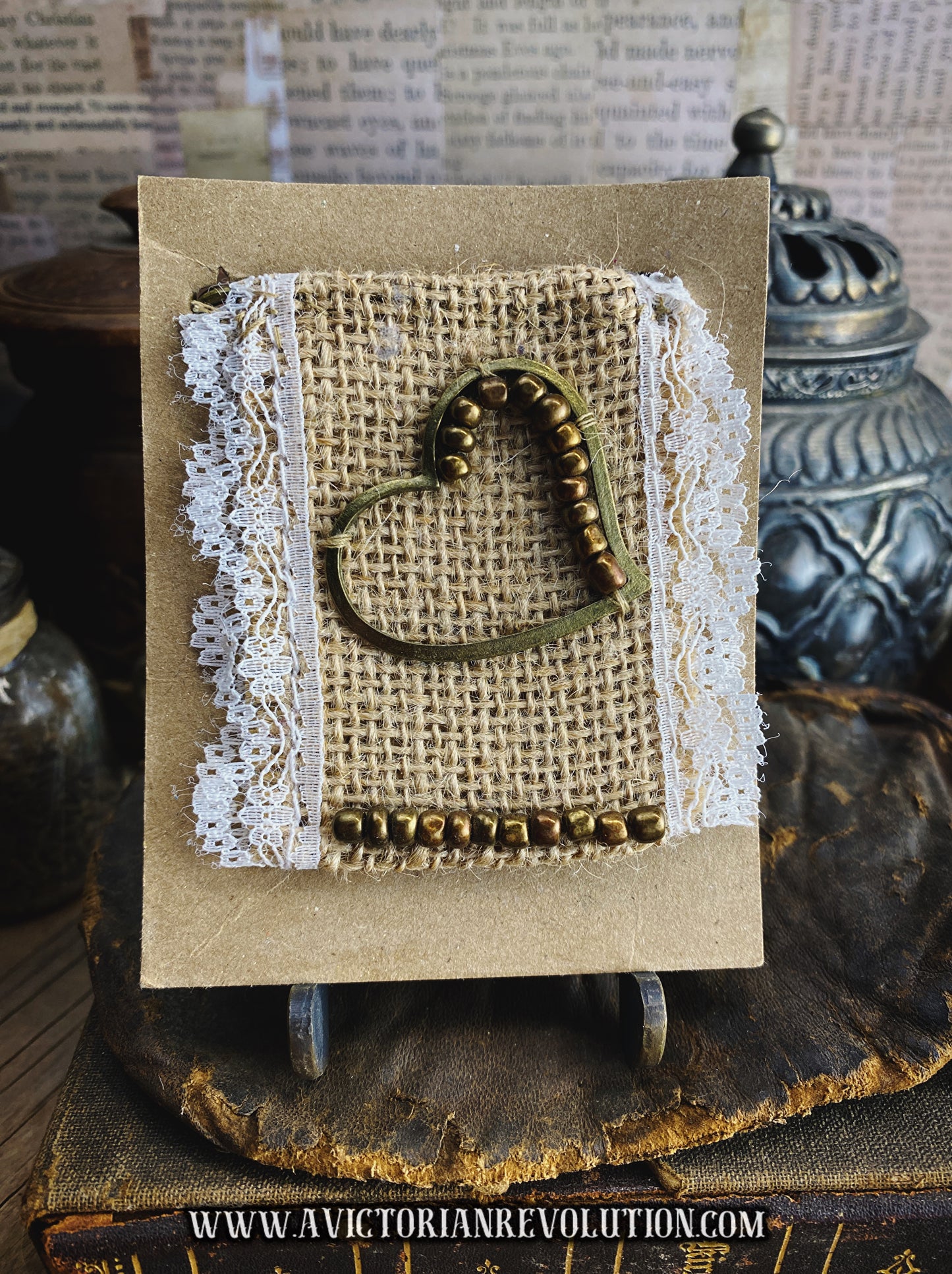 Handmade Kilt Pin - Heart and Bead Detail - Burlap and Lace - Mixed Metals - Vintage Inspired