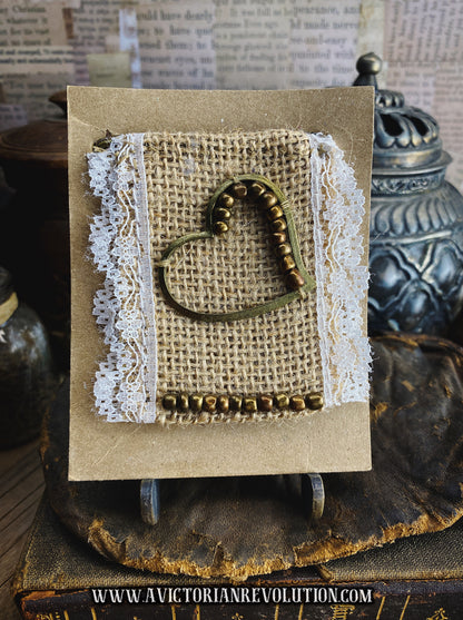 Handmade Kilt Pin - Heart and Bead Detail - Burlap and Lace - Mixed Metals - Vintage Inspired