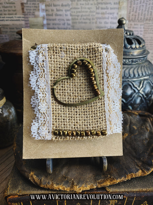 Handmade Kilt Pin - Heart and Bead Detail - Burlap and Lace - Mixed Metals - Vintage Inspired