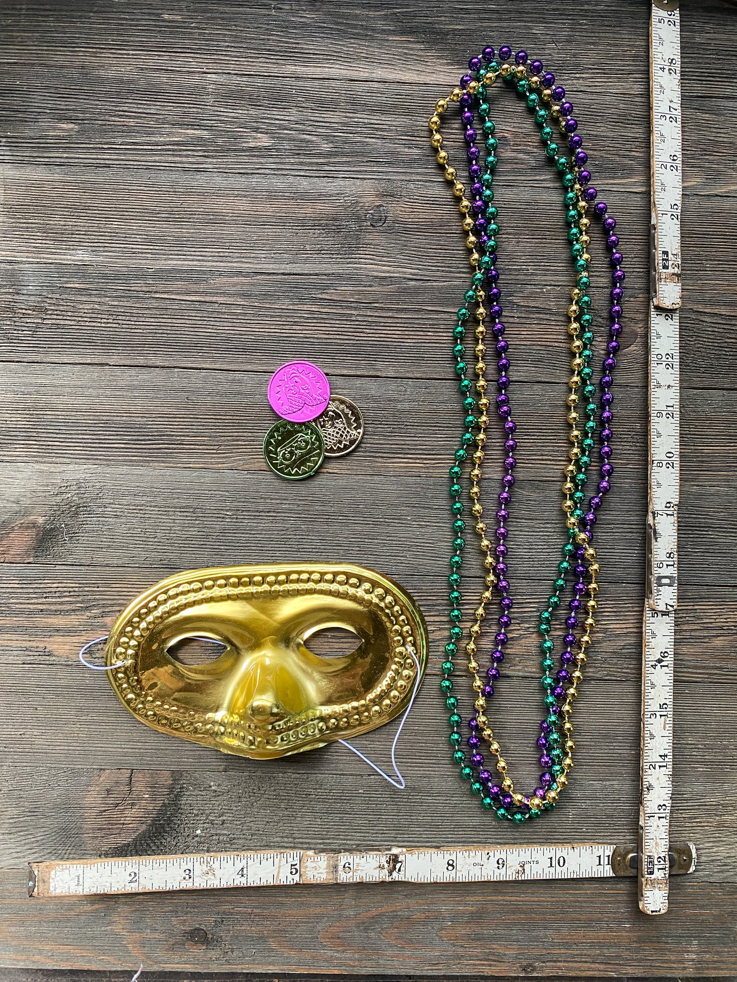 Gold Metallic Masquerade Mask, Purple Green Gold Plastic Beaded Necklaces, Festive Carnival Doubloons, Retro Style Mardi Gras Party Set