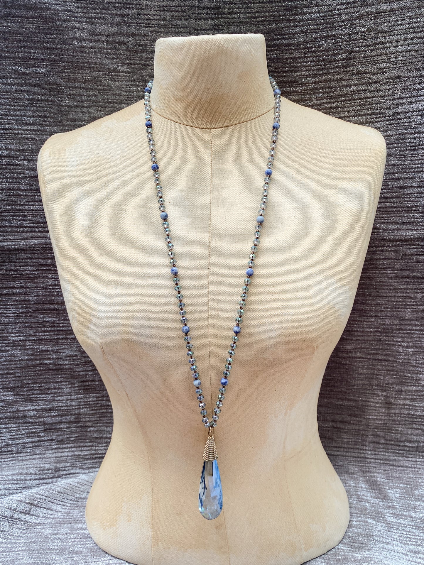 Long Sodalite And Blue Faceted Bead Necklace, Large Teardrop Pendant, Retro Boho Style, Elegant Cobalt And Marbled Blue