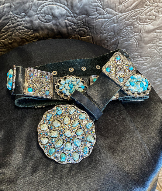Black Leather Southwestern Concho Belt - Turquoise & Silver Ornate Buckle - Western Shabby Chic Accessory