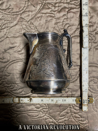 Antique Victorian Silver Plate Creamer with Floral Etching and Engraving - 1880’s Aesthetic Movement Farmhouse Decor
