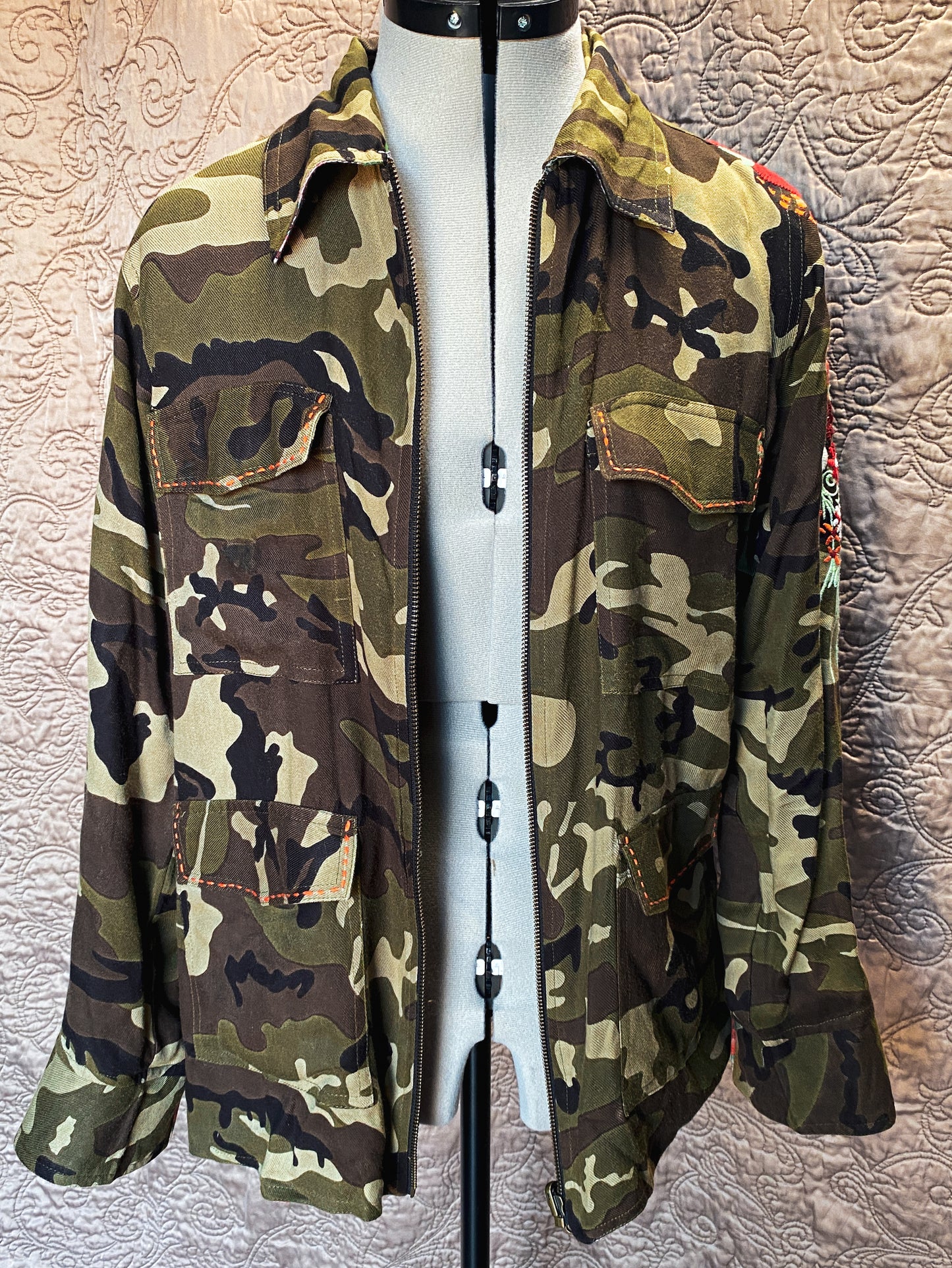 Green and Brown Reversible Zip-Up Johnny Was Jacket - Camo + Floral Embroidered Sleeve Shirt - Size Medium