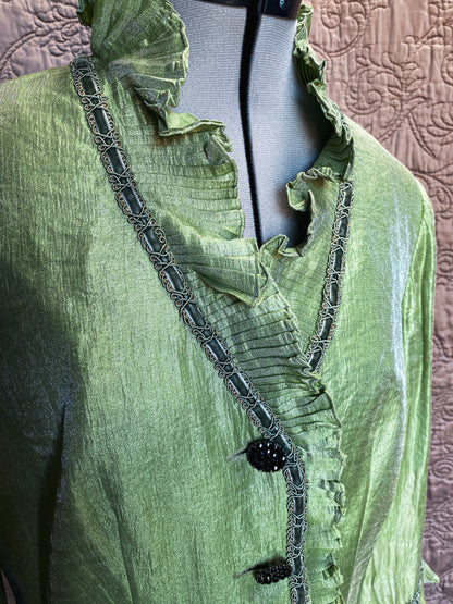 Iridescent Chartreuse Green Ruffled Jacket - Pleated Trim, Avant-Garde, Victorian Blouse - Size XL