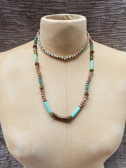 Vintage Turquoise Blue And Pink Long Beaded Necklace - Boho Southwestern Style - 1970s Retro Jewelry - Metal Accents
