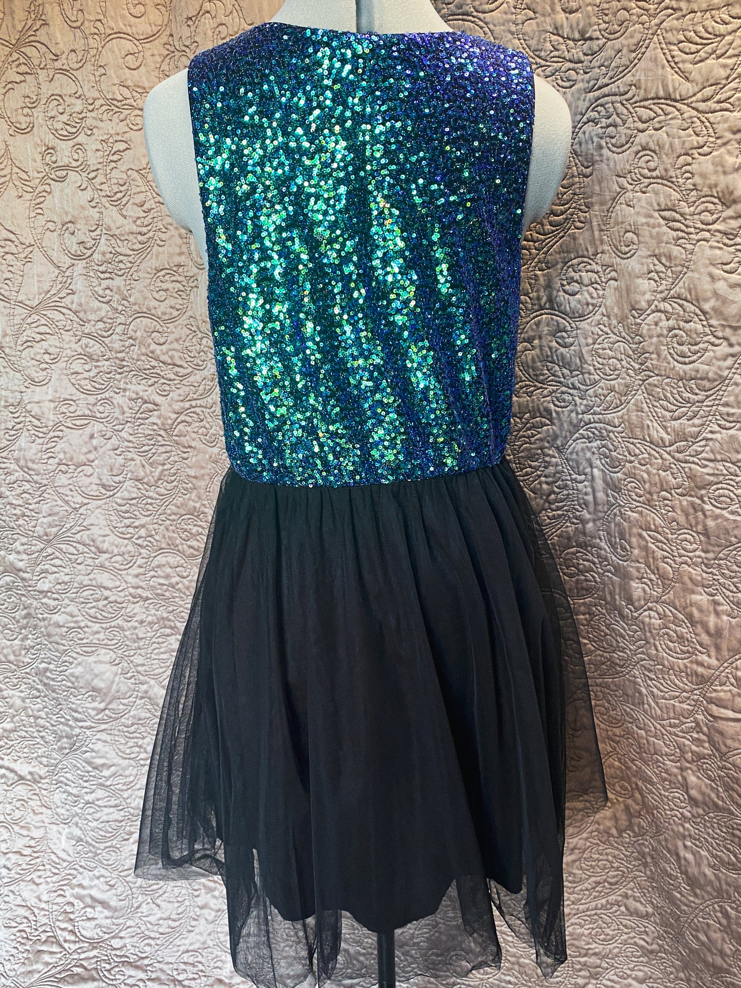 Blue Green Iridescent Sequin Black Tulle Mini Dress - Sleeveless, Elastic Waist - Sparkly, Mermaid - Divided - Size 12