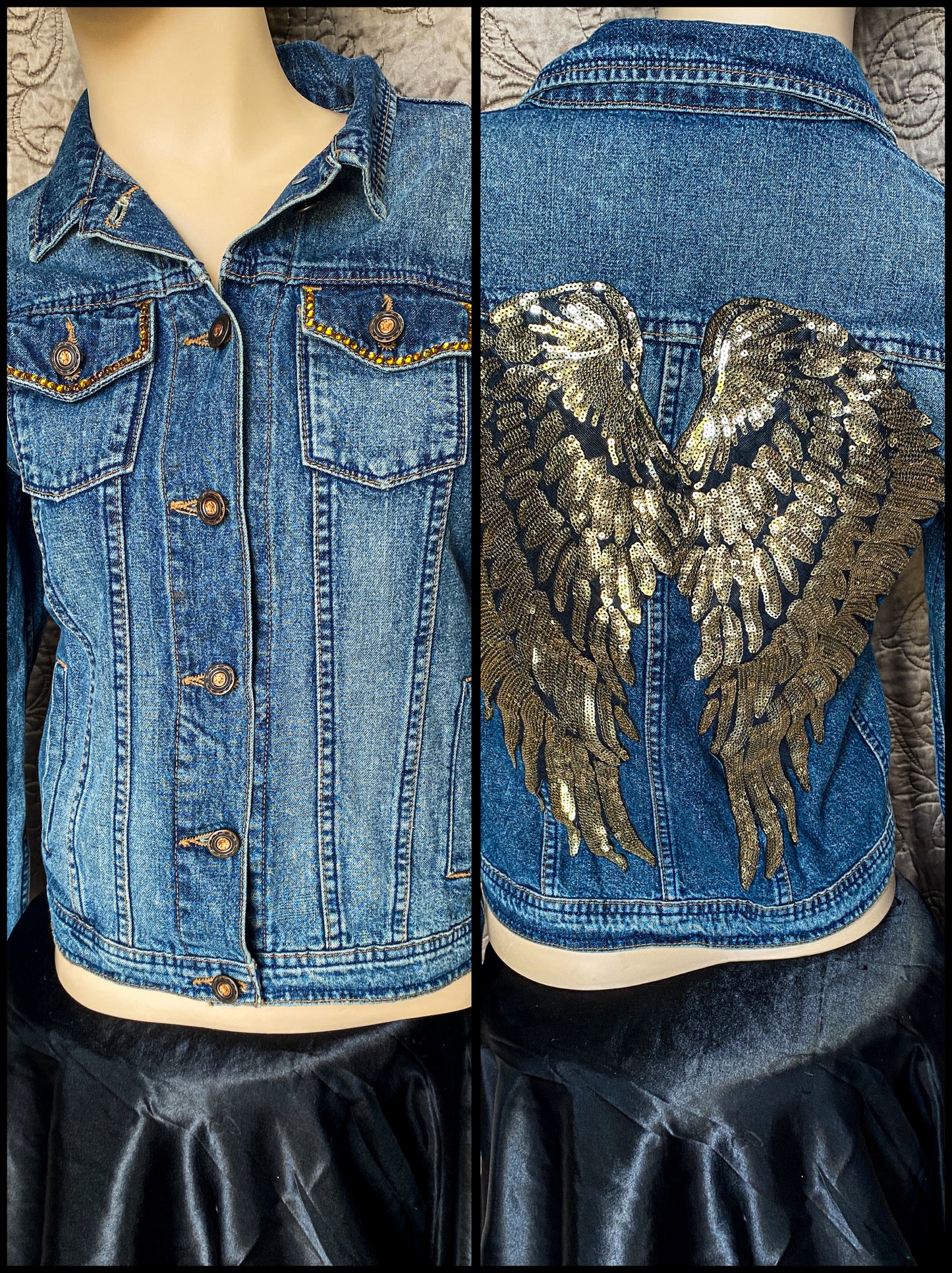 Blue Denim Embellished Jacket - Rocker Glam - Extra Small - Gold Sequin Angel Wings - Punk Studded Sleeves - Y2K Western