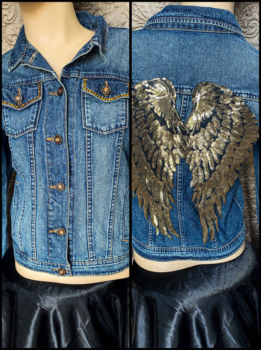 Blue Denim Embellished Jacket - Rocker Glam - Extra Small - Gold Sequin Angel Wings - Punk Studded Sleeves - Y2K Western