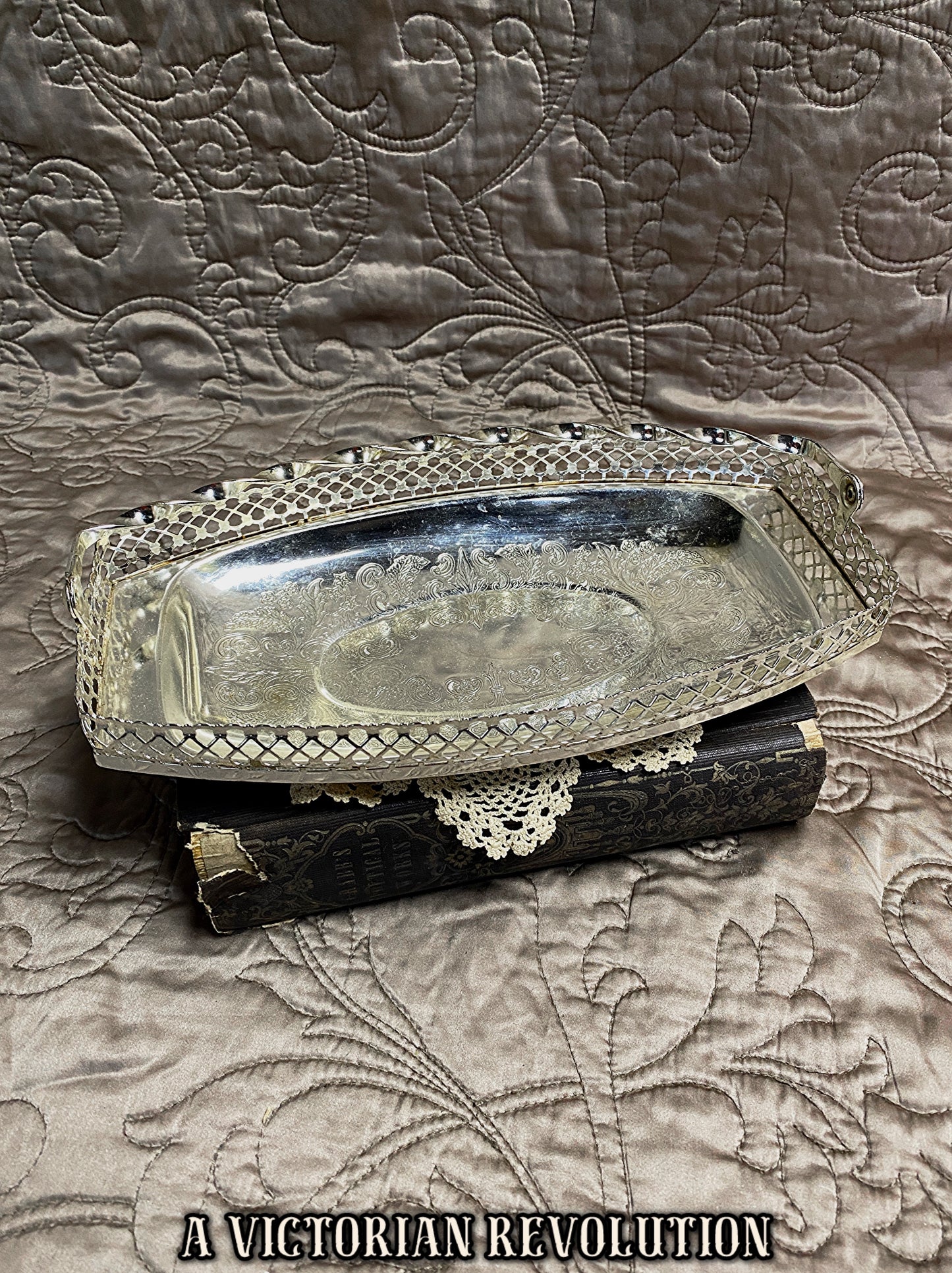 Silver-Plated Serving Tray/Basket - 1950s Vintage - Etched Floral Center - Twisted Swing Handle