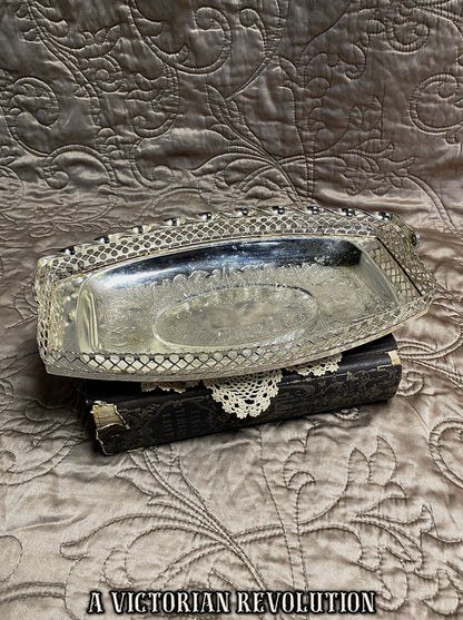 Silver-Plated Serving Tray/Basket - 1950s Vintage - Etched Floral Center - Twisted Swing Handle