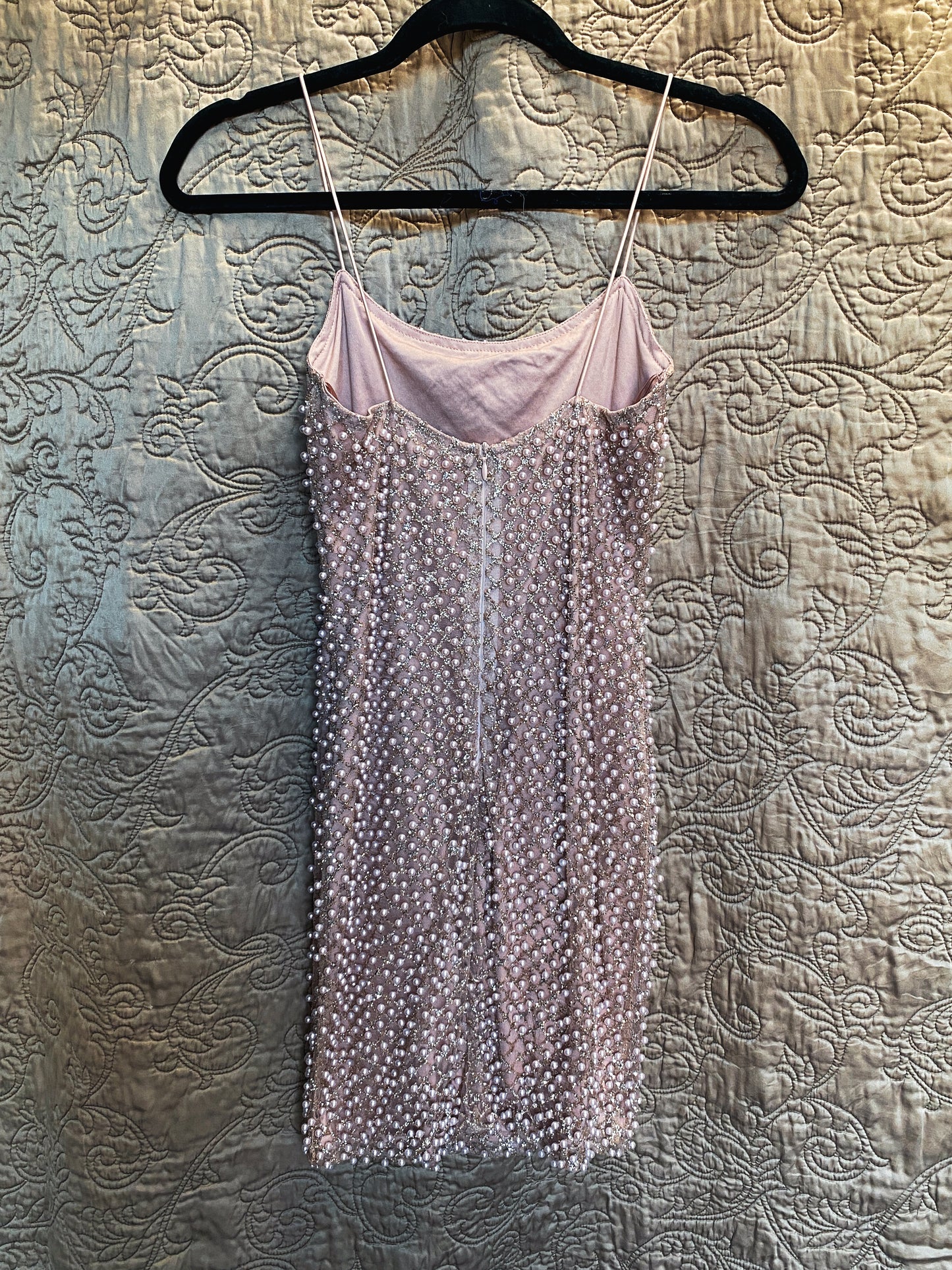 Pink/Mauve Pearl Embellished Mini Dress - Spaghetti Straps, Faux Pearl Lattice - Glam Cocktail Party - XS